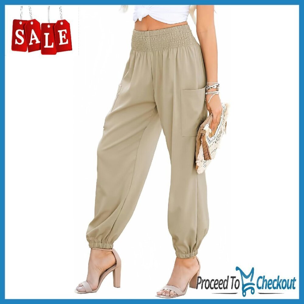 Summer Boho Cargo Pants Smocked High Waist Lightweight Palazzo Trousers